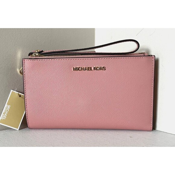 New Michael Kors Jet Set Travel Double Zip Wristlet Wallet Leather Primrose - Picture 1 of 5